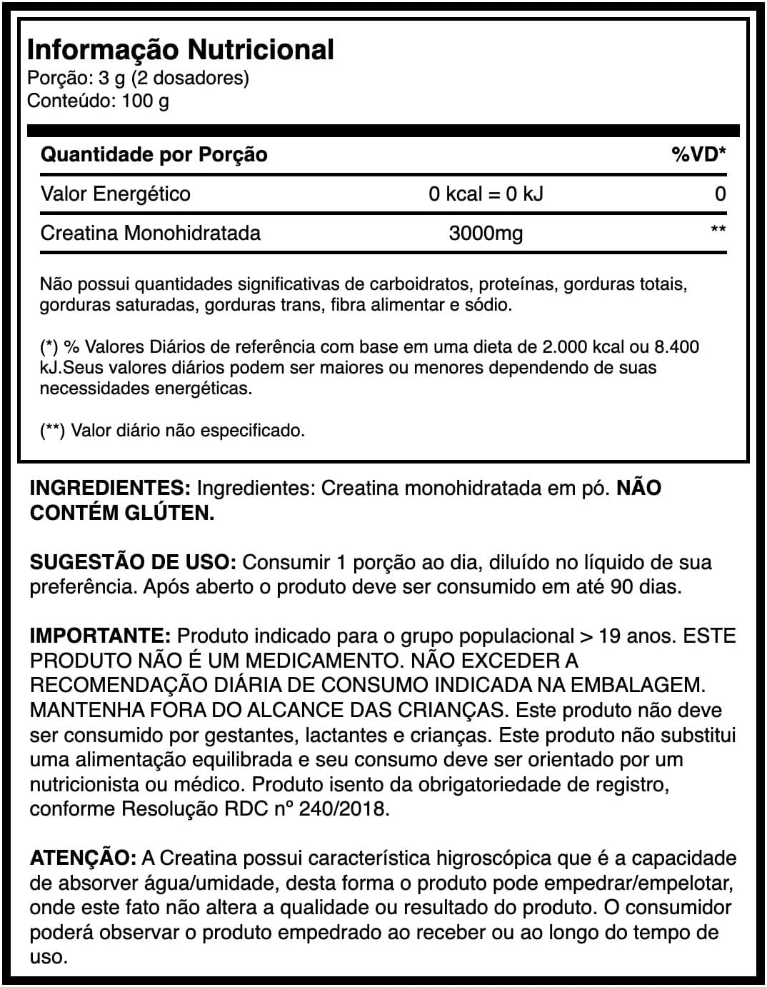 Tabela Nutricional Creatina